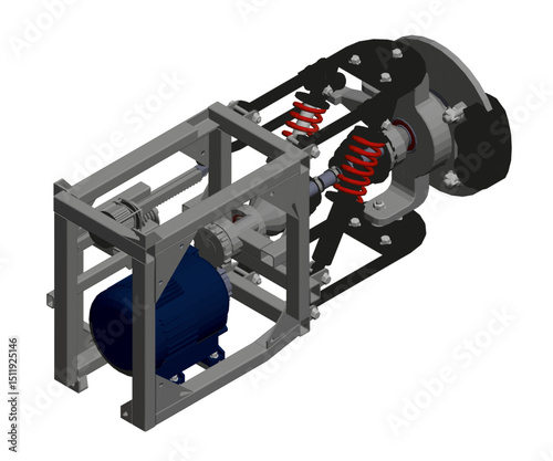 A blue motor is inside a gray box. The motor is surrounded by springs. The springs are red