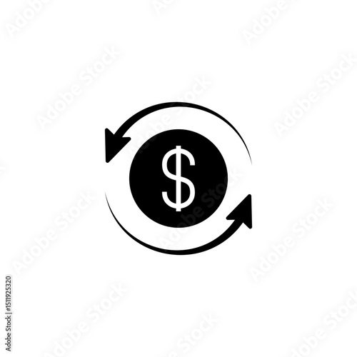 Black round money back refund investment icon, repeat arrow flat design vector pictogram, infographic interface elements for app logo web button ui ux isolated on white background
