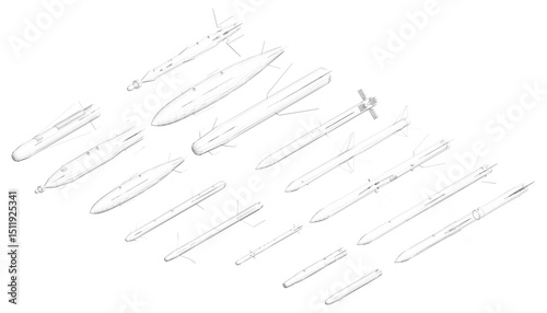 A series of rocket designs are shown in a line, with the first rocket being the shortest and the last rocket being the tallest. Isometric view