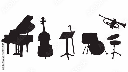 Silhouette illustration of a grand piano double bass music stand drums and a trumpet on a white background