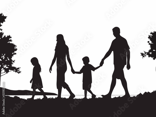 Silhouette of a family walking together in nature with trees and grass in the background outdoors near water