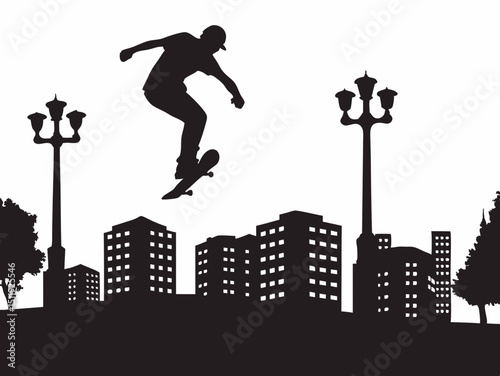 Silhouette of skateboarder jumping in city park with trees and street lamps in the background scene