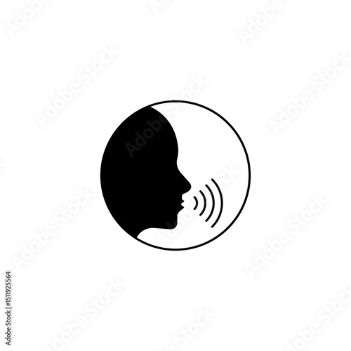 Voice command control with sound waves icon. Black man head silhouette speaking logo.