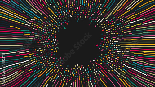 Explosion of colorful hand drawn lines and many scattered pointillist dots radiating from blank center for your content. Abstract vibrant pattern for banners, posters, or digital invitations. Vector