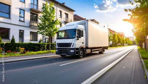 Panning photography of a delivery truck passing through a residential area, motion blur on buildings, crisp focus on vehicle