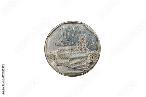 Reverse or tails side of a Nickel Cuban coin. Featuring the face value as 10 c numerals, and the name of the place represented in Spanish means 