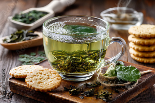 Tea ceremony: a cup of green tea, dried leaves and cookies nearby photo