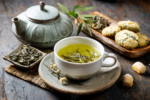 Tea ceremony: a cup of green tea, dried leaves and cookies nearby photo