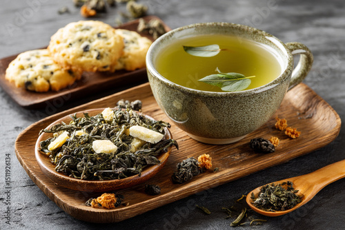 Tea ceremony: a cup of green tea, dried leaves and cookies nearby photo
