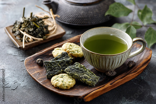 Tea ceremony: a cup of green tea, dried leaves and cookies nearby photo
