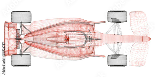 A red and black racing car with a white stripe. The car is shown in a pixelated style, giving it a futuristic look. Top view