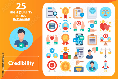 Credibility Flat Icon Set. Incleded Icons Scrutiny, Quality, Approved, Online, Integrity, Veracity, Consistency, Objectivity, Reliability. Vector Icons Collection