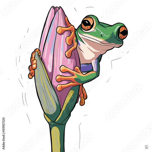 Colorful Frog Resting on a Delicate Flower Bud