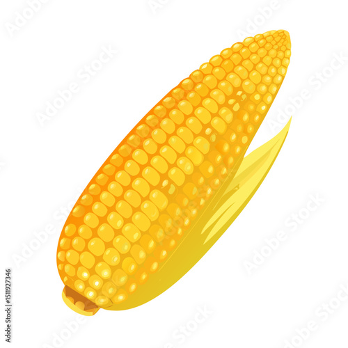 Vector illustration of a firm and waxy corn cob with golden yellow kernels on white background
