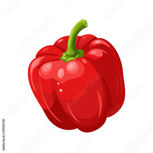 Vector illustration of a shiny and deep red bell pepper with a crunchy texture on white background