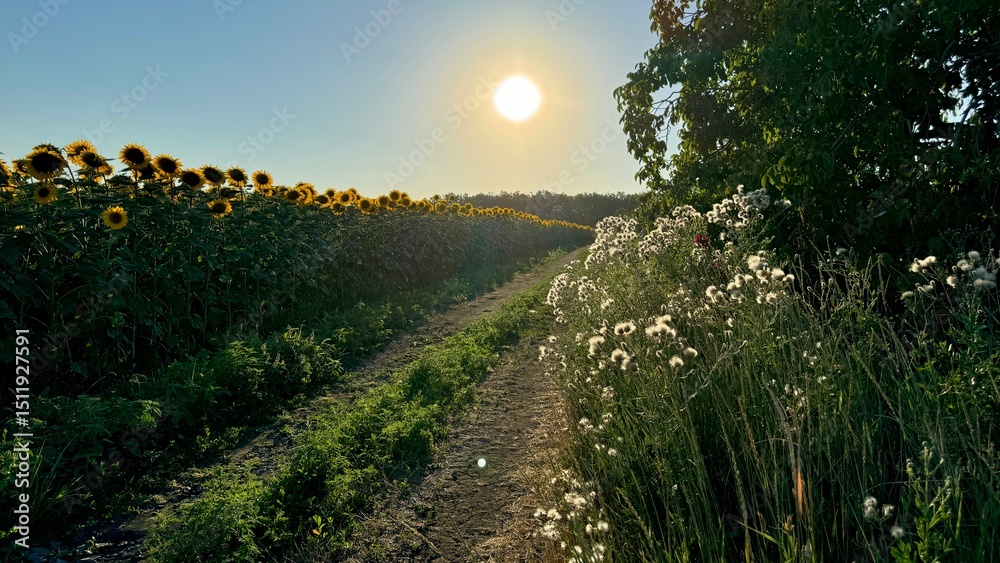Naklejka premium Golden sunset over a peaceful countryside path with blooming sunflowers and wild grass. Nature's beauty in full harmony, perfect for relaxing and inspiring moments