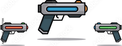 Colorful futuristic toy laser guns vector illustration for kids games, sci-fi themes, virtual battles, and entertainment design projects