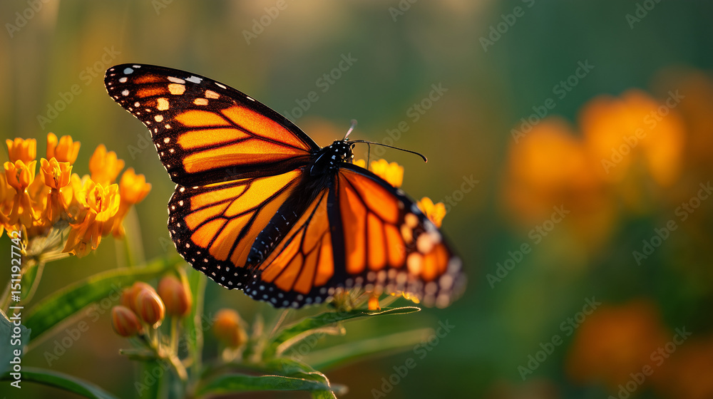 Fototapeta premium Monarch Butterfly Feeding on Milkweed During National Pollinator Month Celebrates the Vital Role of Butterflies in Ecosystem Health, Biodiversity, and Native Plant Conservation