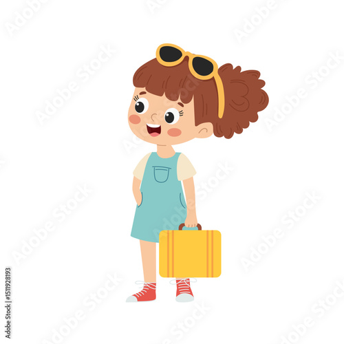 Cute little girl with travel suitcase, cartoon vector illustration isolated on white background.