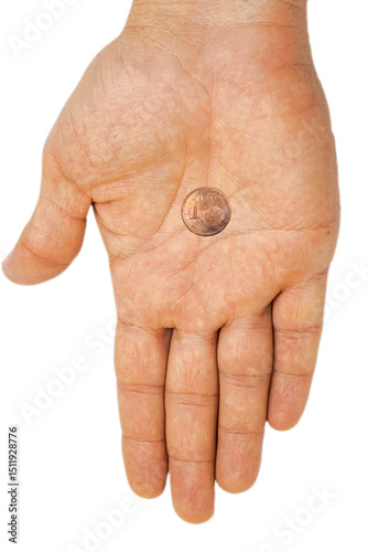 Close-up of an extended hand with open palm holding a one cent euro coin, symbolizing alms-seeking, cadging, or mendicancy. Isolated against a plain white background.