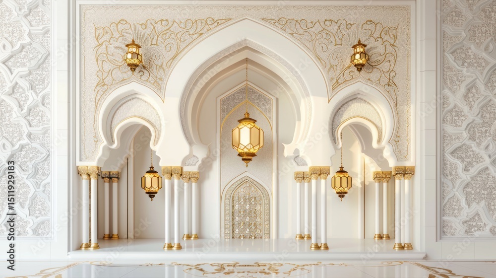 Fototapeta premium A grand, ornate interior, featuring arches, intricate detailing, and ornate lighting