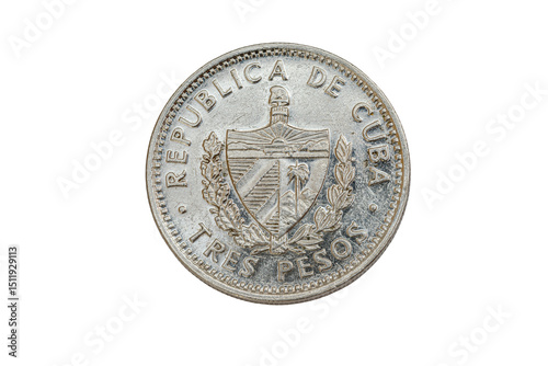 Obverse side of a 3 pesos coin featuring the Cuban coat of arms, curved legends as name of the country and face value in Spanish reads: 