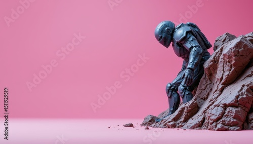 Melancholic Robot Sitting on Rocky Surface Against Pink Background in Contemplative Pose