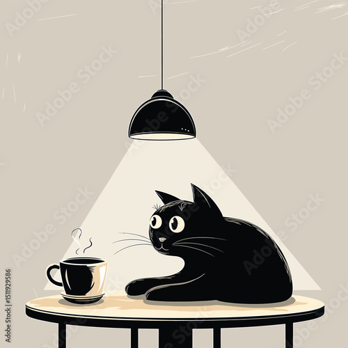 Curious Black Cat Gazes at Coffee on Table