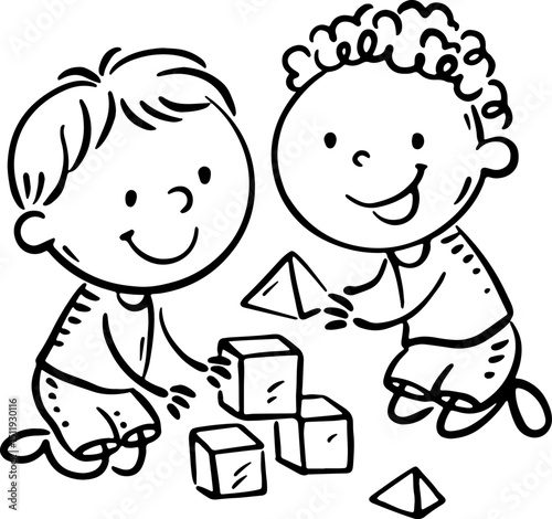 Happy two little boys playing with blocks. Cute kids playing with toys. Isolated black and white illustration