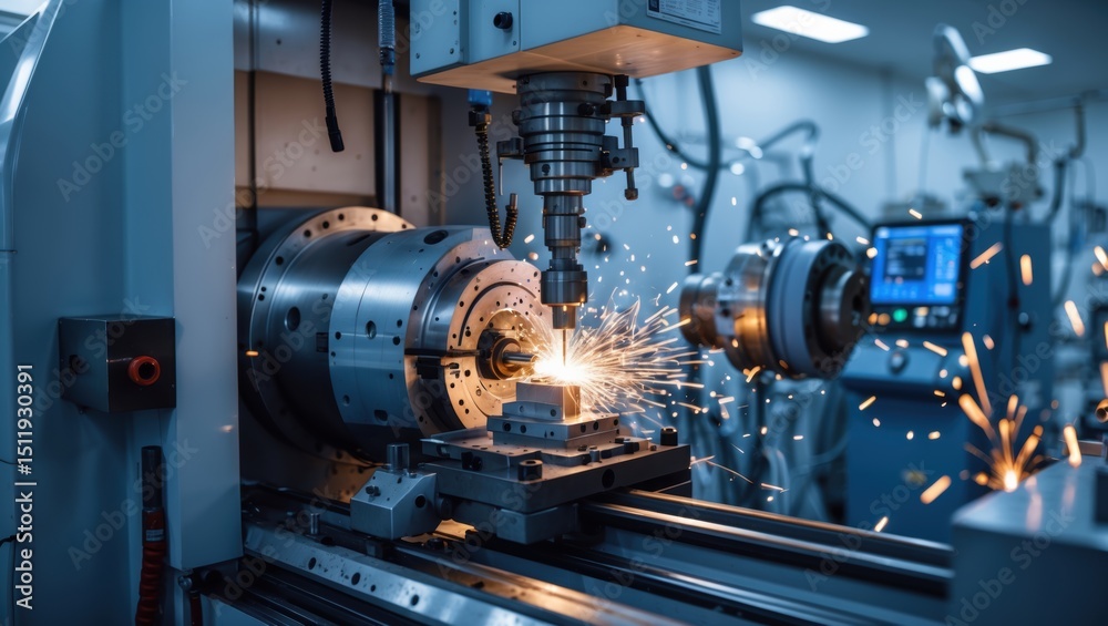 High-tech CNC machine in operation creating sparks during metal machining in a modern workshop High-tech CNC machine in operation creating sparks during metal machining in a modern workshop