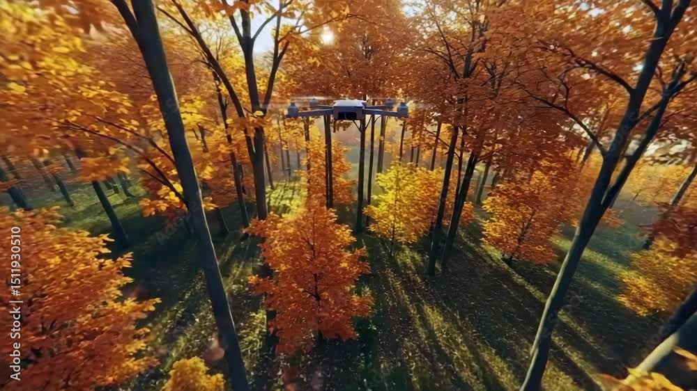 Drone flying through autumn forest with orange foliage and trees  
