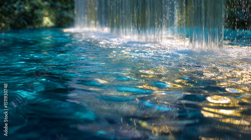 Tranquil water surface with shimmering reflections, cascading waterfall creating a serene atmosphere, surrounded by lush greenery and natural beauty, inviting relaxation and peace