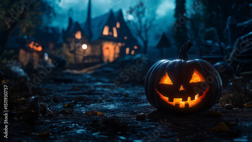 A carved pumpkin with a flickering glow, creating an eerie Halloween atmosphere