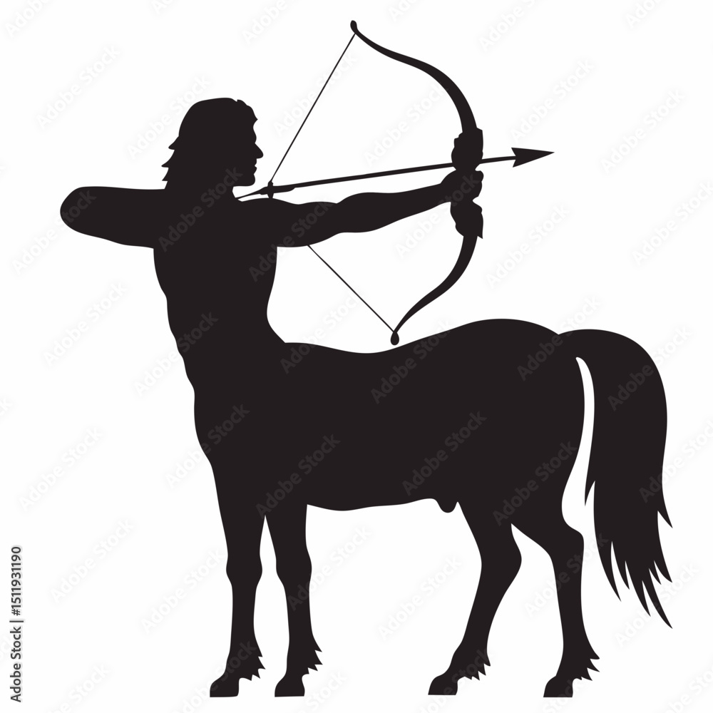 Obraz premium Silhouette of a centaur archer aiming with bow and arrow in a classical mythological depiction