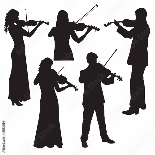 Silhouettes of musicians playing violins in formal attire performing together on a white backdrop scene