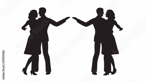 Two pairs of dancers in silhouette performing a tango or waltz on a white background in a mirrored image