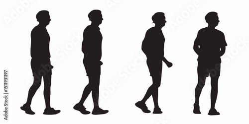 Silhouettes of men in various walking poses showcasing movement and different body positions on white