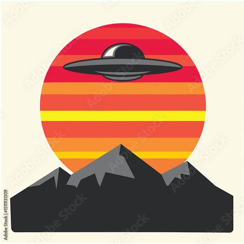 UFO Hovering Over Mountains at Vibrant Sunset