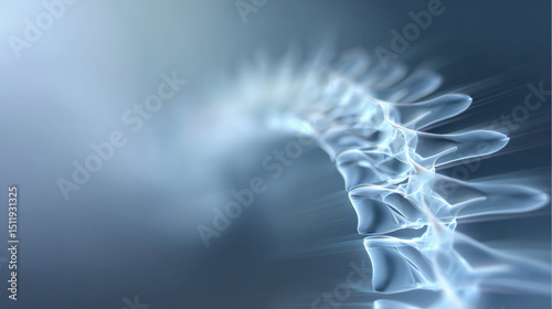 Abstract spine curvature illustration in medical blue tones with soft gradient background and clean scientific diagram design under studio lighting