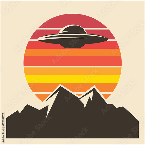 UFO Hovering Over Mountains at Vibrant Sunset