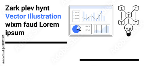 Data charts on a dashboard, interconnected blockchain elements, and a light bulb. Ideal for analytics, blockchain, creative thinking, machine learning, innovation, technology and simple landing page