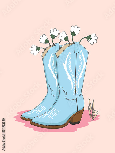 Light Blue Cowboy Boots Surrounded by White Flowers