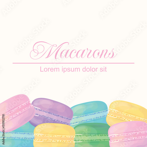 Elegant Pastel Macarons Background or Banner with Decorative Typography and Soft Color Palette. Full Vector illustration.