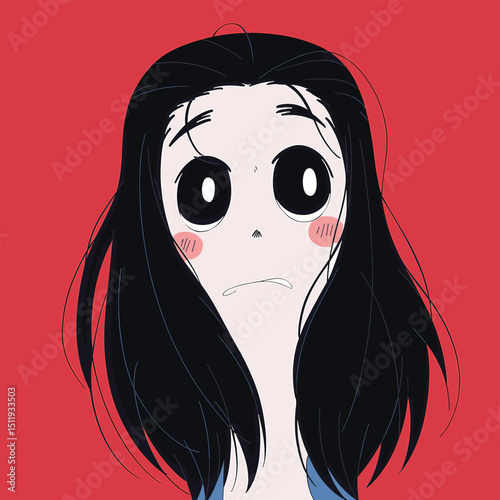 Surprised Animated Character with Flowing Black Hair