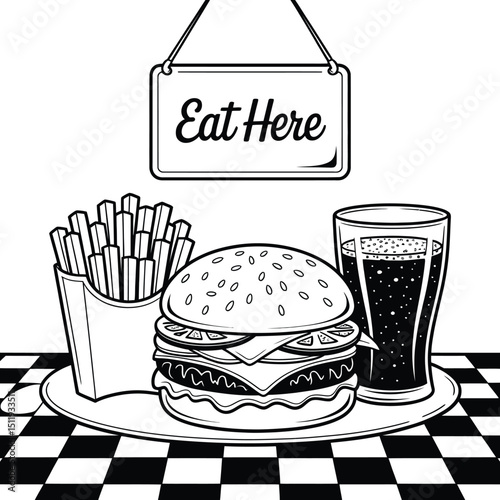 Black and White Diner Still Life with Burger Fries and Soda