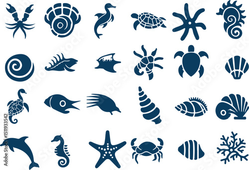 A collection of blue silhouettes of sea creatures icon set vector illustration art.