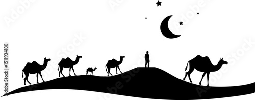 desert landscape with camel caravan in twilight.eps