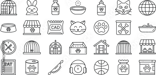 Pet Care Icons: Cute Animal Supplies, Shelters, Food, Toys, and Accessories – Perfect for Pet Lovers, Vets, and Design Projects