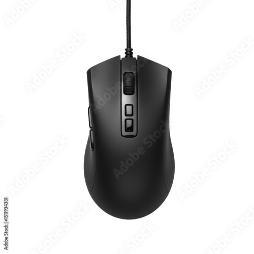 Modern black wired gaming computer mouse with multiple buttons and scroll wheel top view isolated