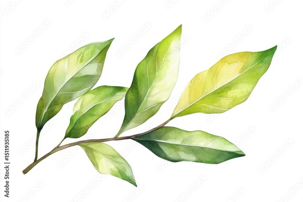 Green leaves branch watercolor painting on white background Green leaves branch watercolor painting on white background